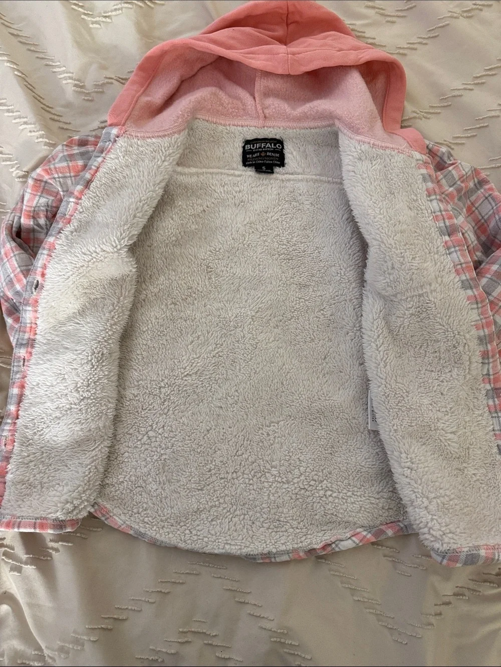 Buffalo Dave Bitton Kids Pink and Grey Plaid Hooded Button-Up Sherpa Shacket